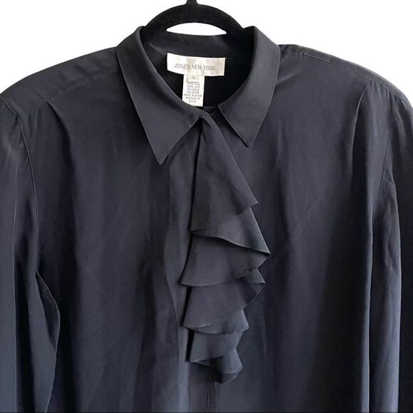 JONES NEW YORK Vintage Black Silk Button Front Ruffle Blouse 8 - Picture 8 of 9